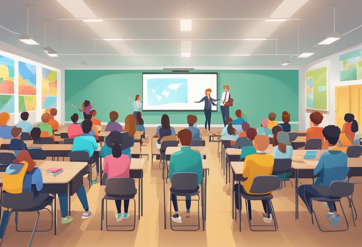 A classroom filled with engaged students watching a dynamic and colorful educational animation on a large screen