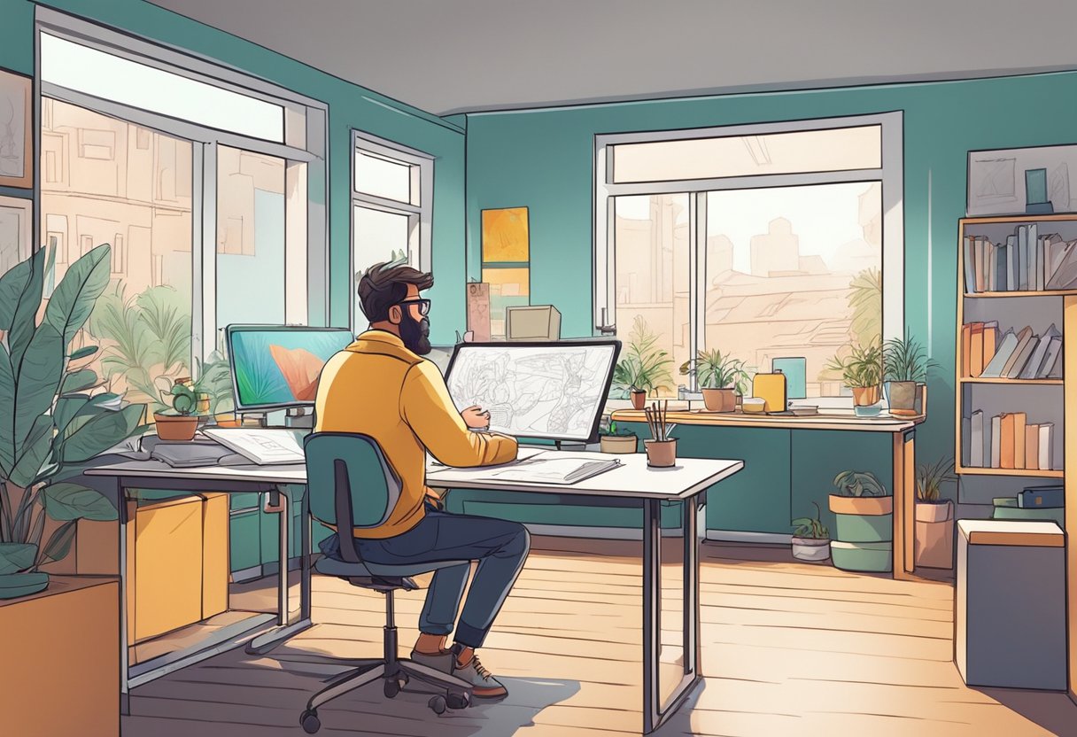 A storyboard artist sits at a desk, sketching scenes of educational animation. Colorful illustrations cover the walls for inspiration