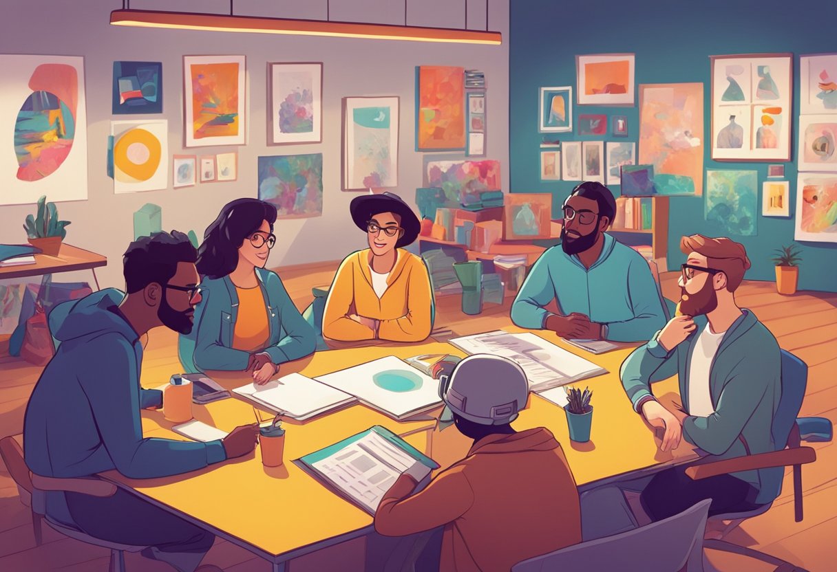 A group of educational animation experts in the UK discussing and exploring various animation genres in a vibrant and creative studio setting