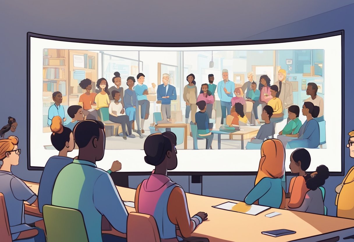 A group of diverse characters watch a captivating educational animation on a large screen, while an expert from the UK presents the content
