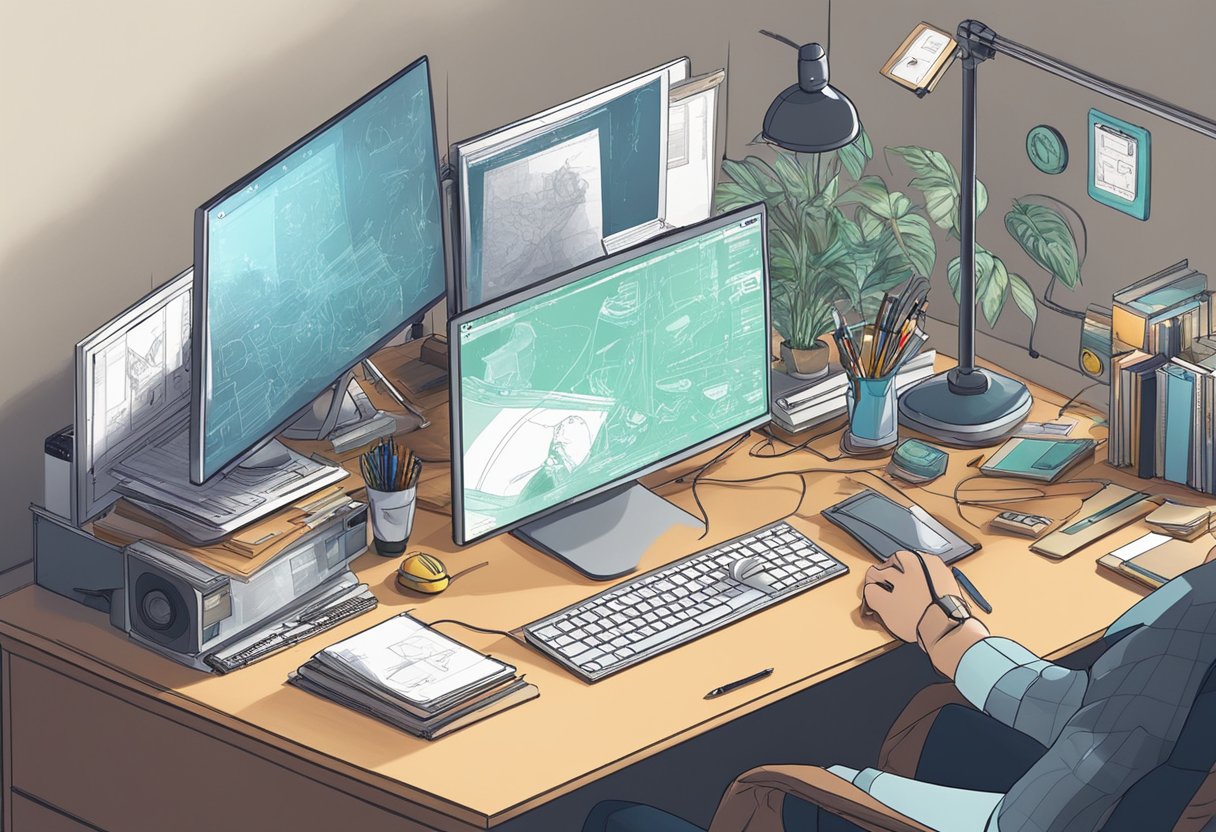 A computer with animation software open, surrounded by sketches and reference materials, as an animator works on creating a university-themed animation