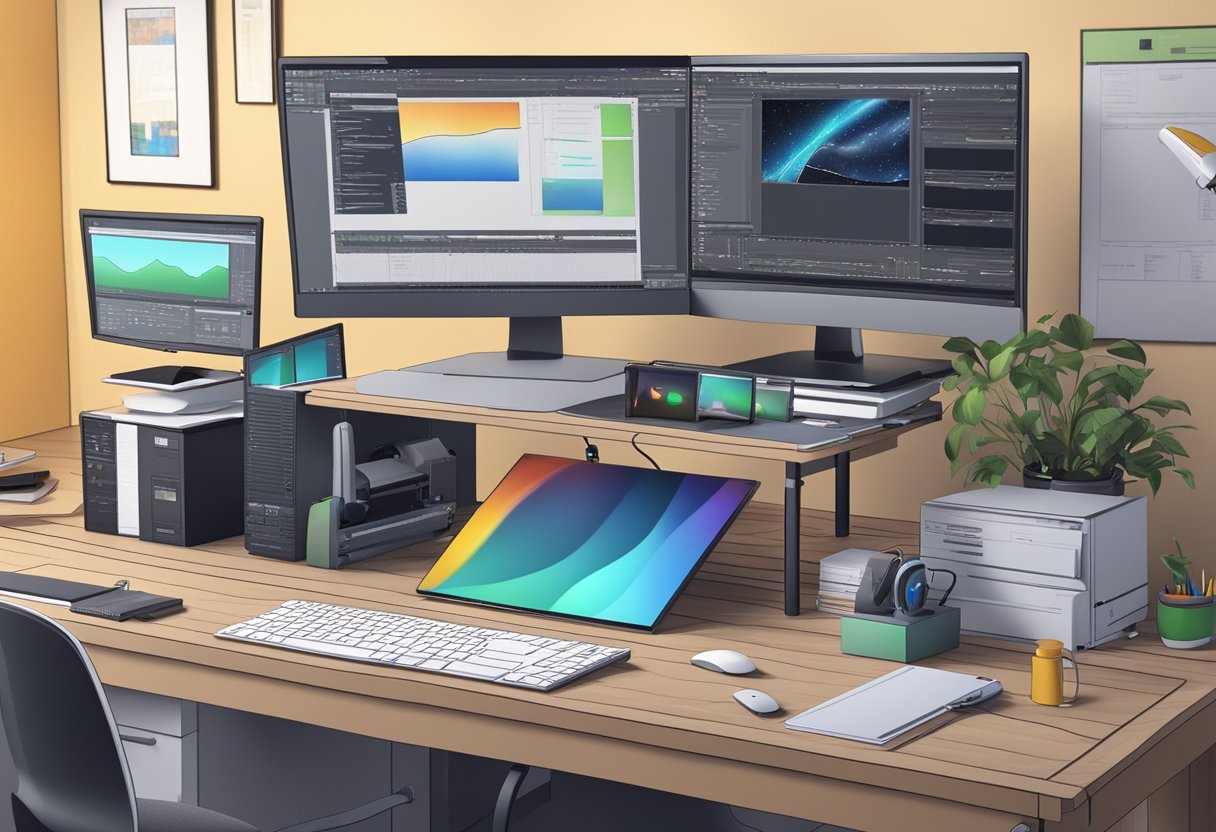 A computer workstation with animation software open, surrounded by technical equipment and reference materials