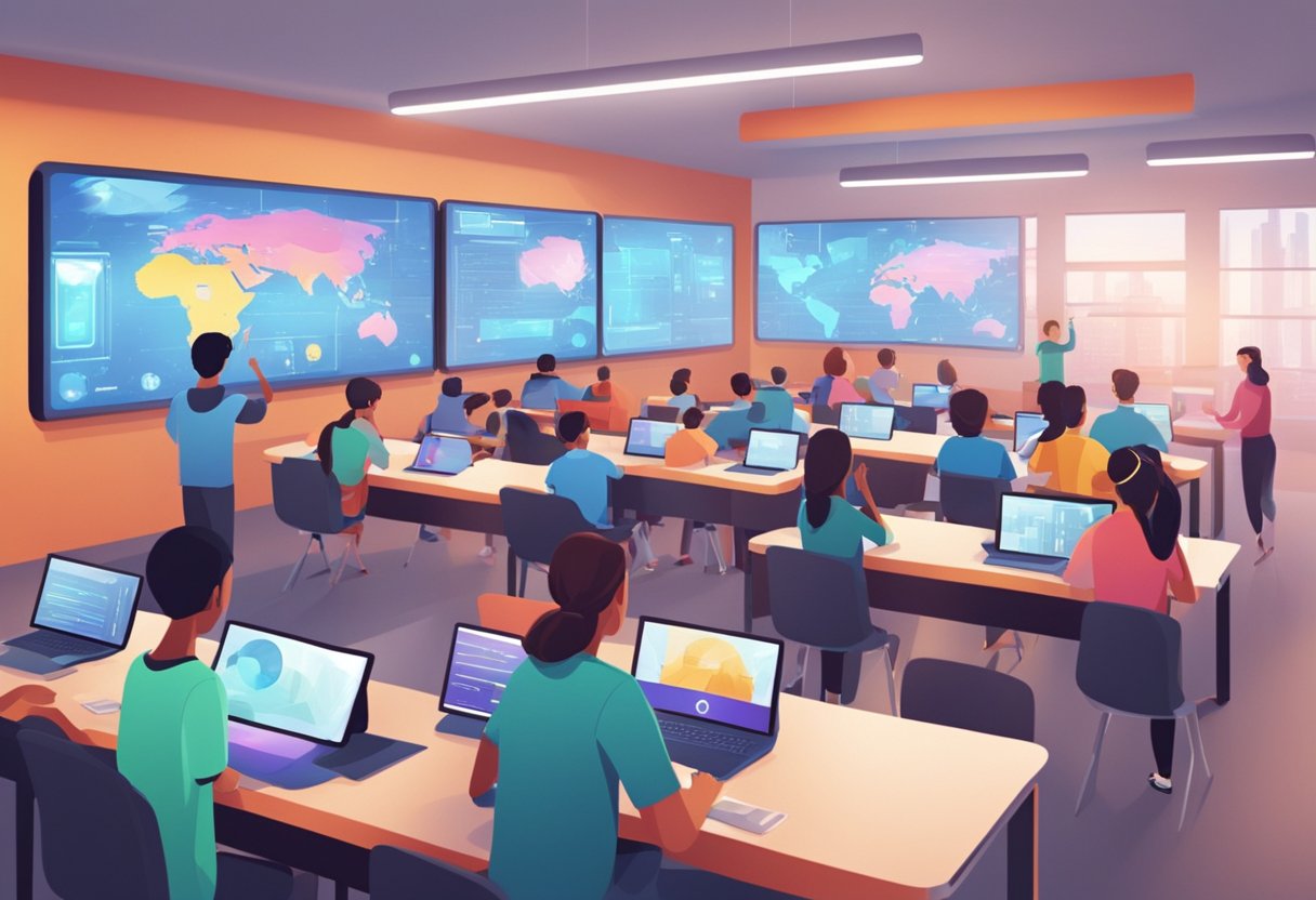 A futuristic classroom setting with digital screens displaying interactive educational animations, students engaged in immersive learning experiences