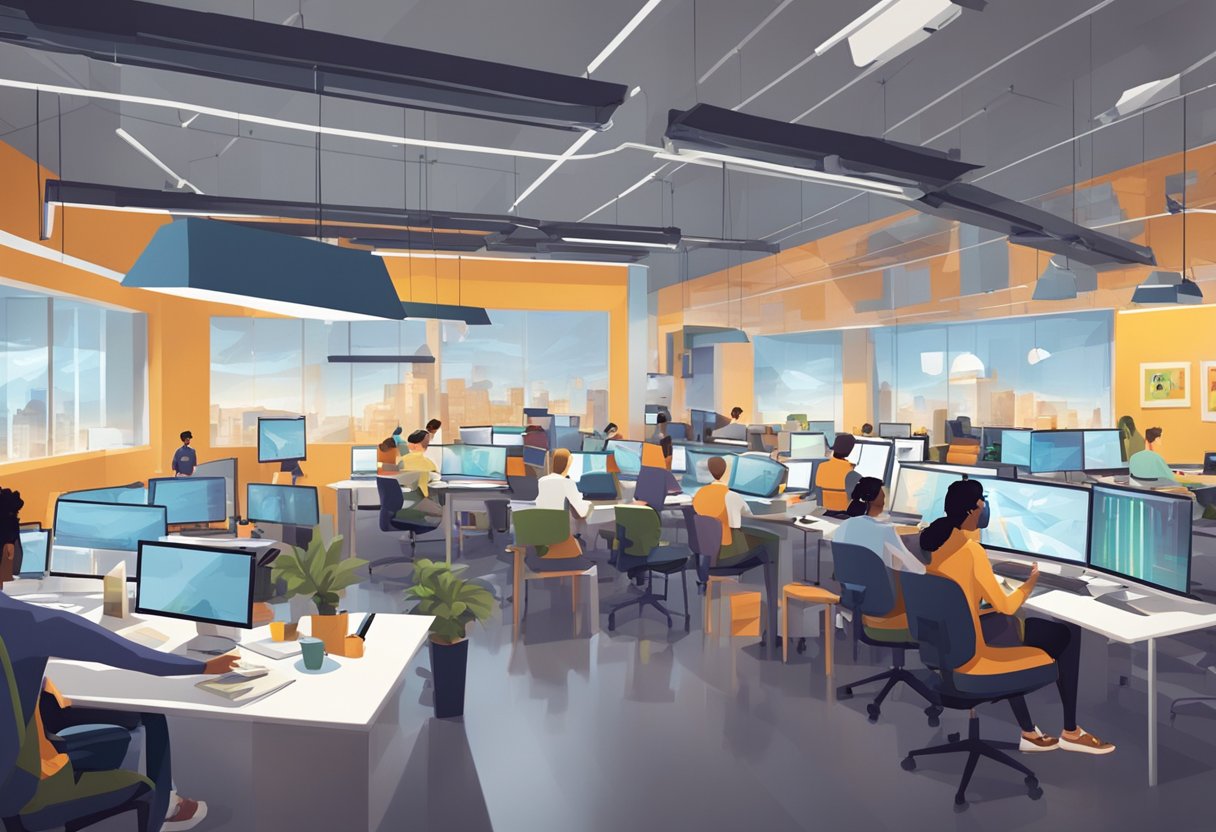 A bustling animation studio with students learning and creating in a modern, bright environment, surrounded by cutting-edge technology and inspirational artwork