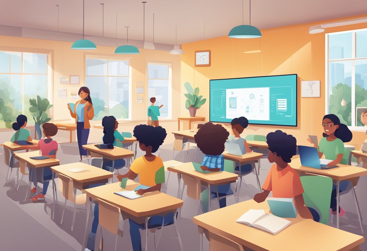 A classroom setting with interactive digital screens and playful learning elements, students engaged and motivated in their studies