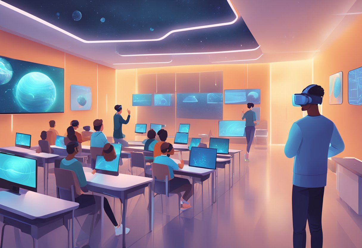 A futuristic classroom with holographic displays and interactive learning tools, students engaged in virtual reality simulations