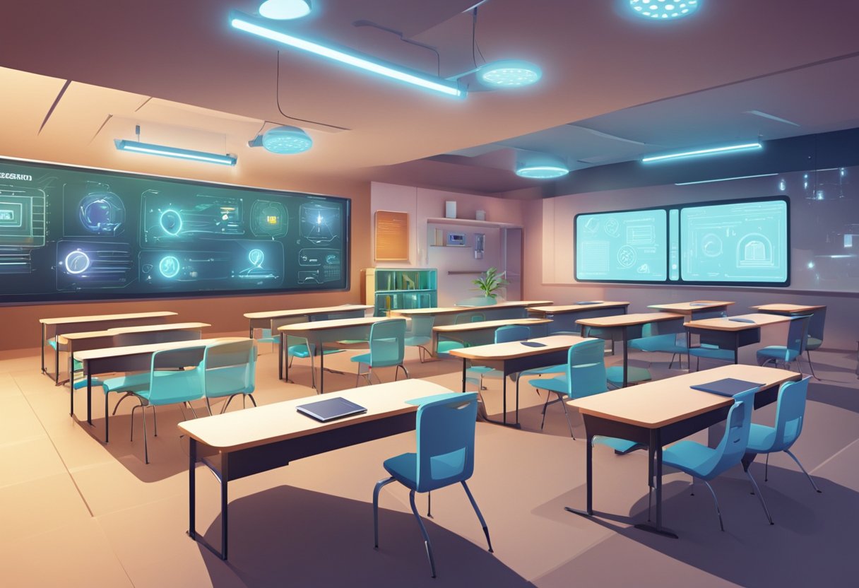 A futuristic classroom setting with animated graphics and interactive technology displaying "Frequently Asked Questions educational animation trends 2025"