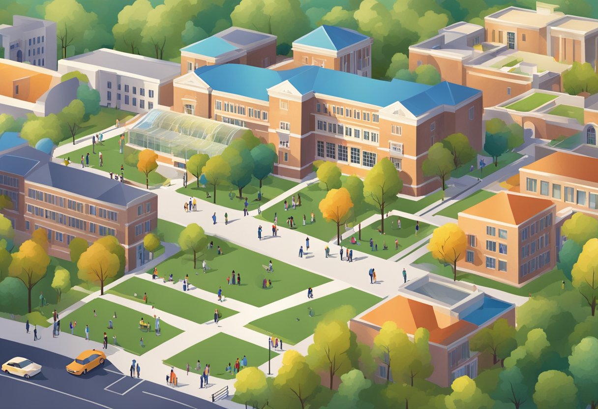 A university campus with various buildings and students interacting