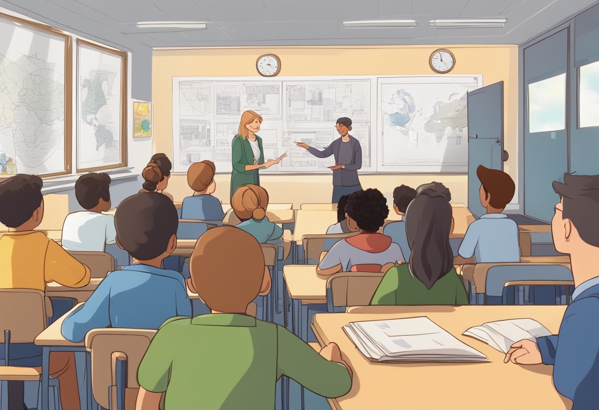 A classroom setting with students and a teacher discussing the history of UK animation education, surrounded by examples of educational animation on the walls