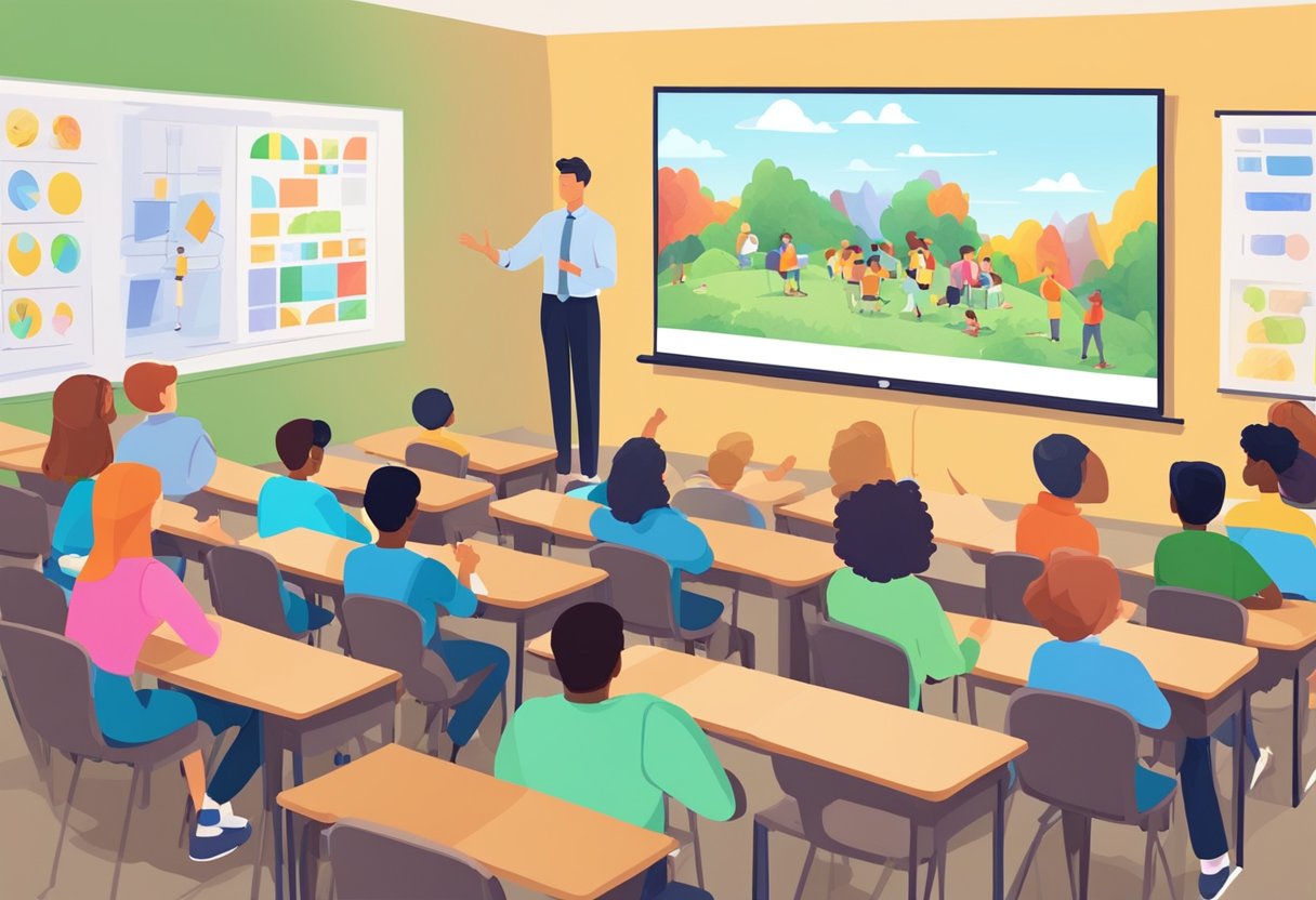 A classroom filled with students watching a colorful and engaging educational animation on a large screen
