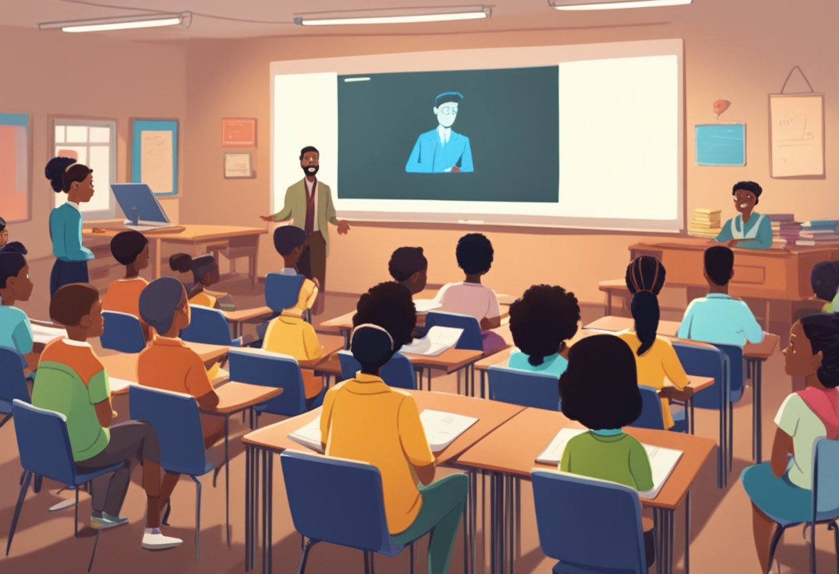 A classroom of diverse animated characters watching educational content projected on a screen by a British director