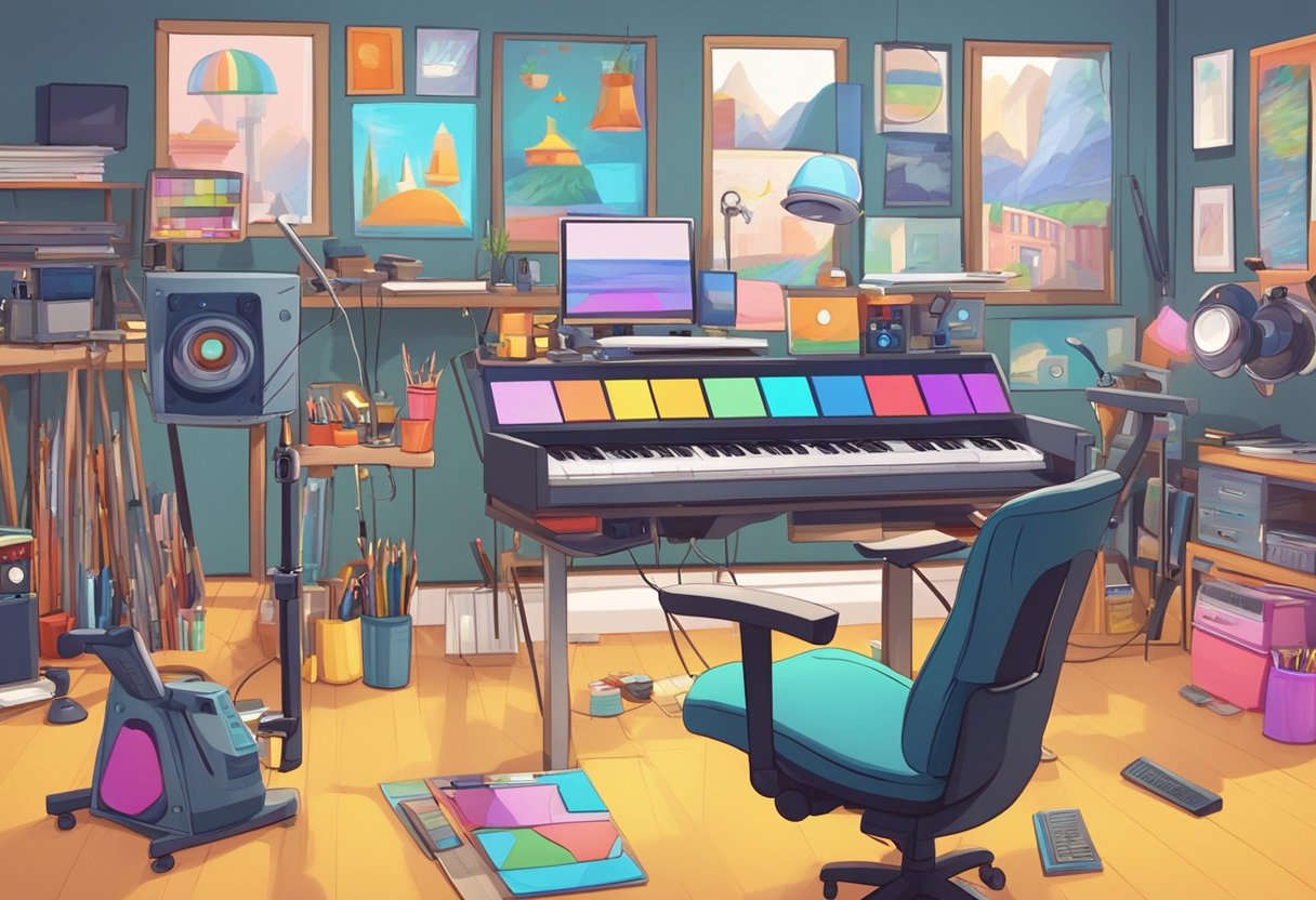 A colorful animation studio with various tools and equipment, showcasing different educational animation genres and techniques