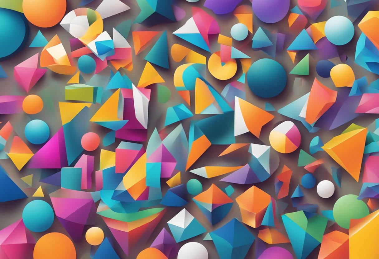 A group of abstract shapes and symbols interact in a dynamic and colorful environment, evoking the psychological aspects of learning