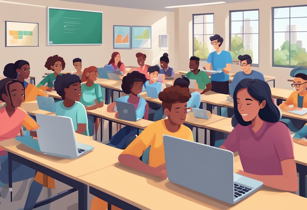 A diverse group of students engaging with interactive educational animations on tablets and laptops in a modern classroom setting