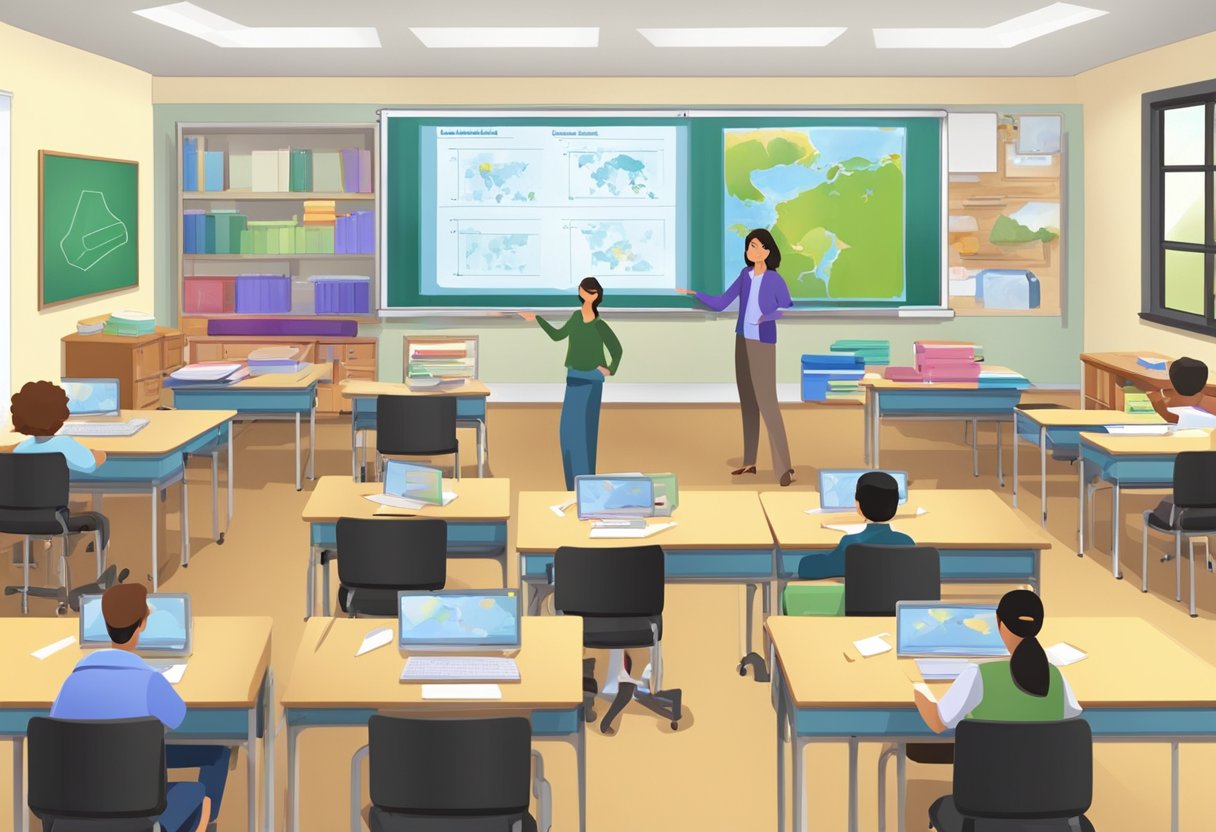 A classroom setting with animated educational resources displayed on a smartboard while students engage with the material