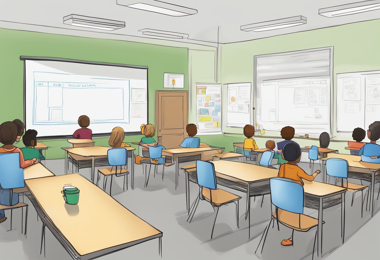 A classroom setting with a whiteboard displaying educational animation examples. Students are engaged in a curriculum development and animation course in the UK