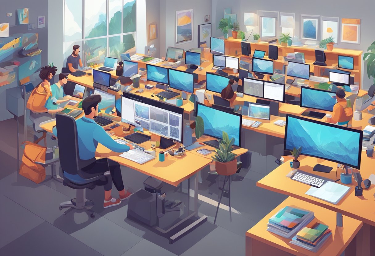 A studio filled with animators at work, surrounded by drawing tablets, computers, and colorful concept art