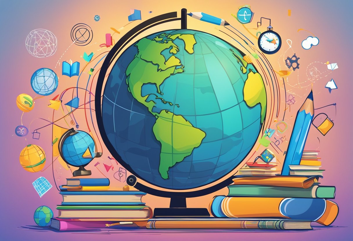 A colorful animated globe surrounded by various educational elements such as books, pencils, and math symbols, with vibrant motion lines indicating movement and engagement