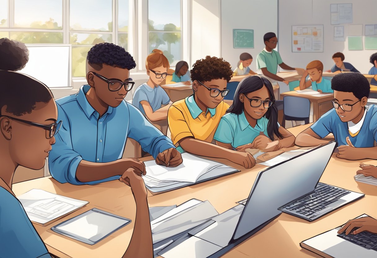 A group of diverse students engage in hands-on activities, problem-solving, and collaboration in a modern, technology-equipped classroom