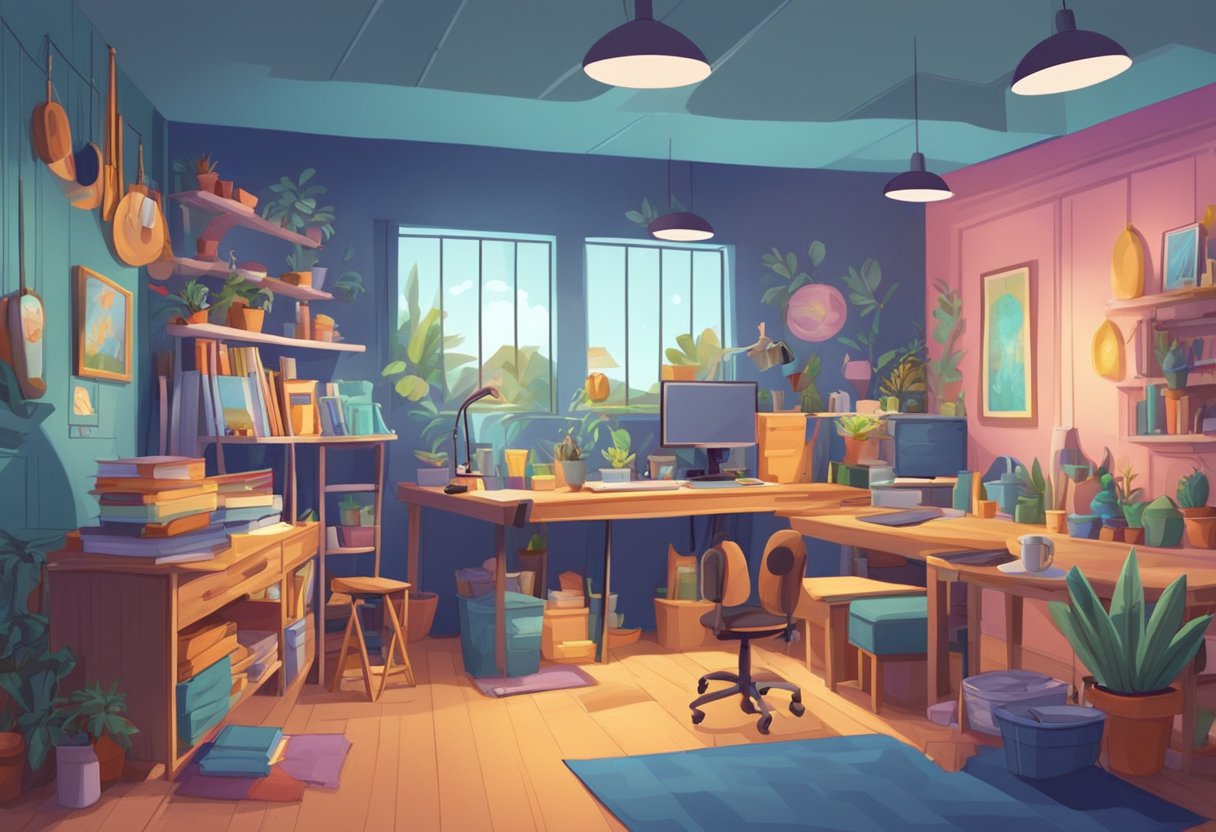 A colorful animation studio with various characters and props, depicting scenes from different stories and narratives