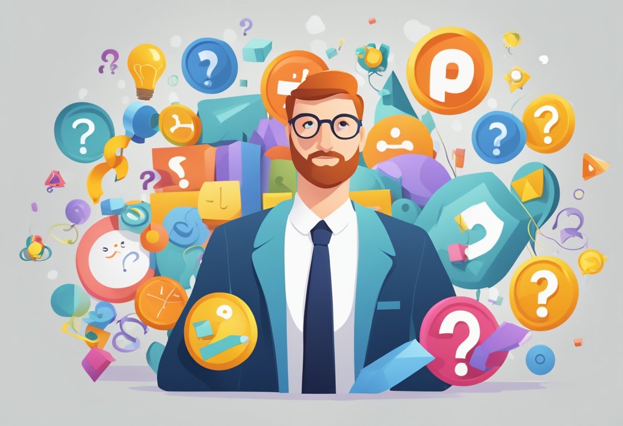 An animated character surrounded by question marks and educational symbols