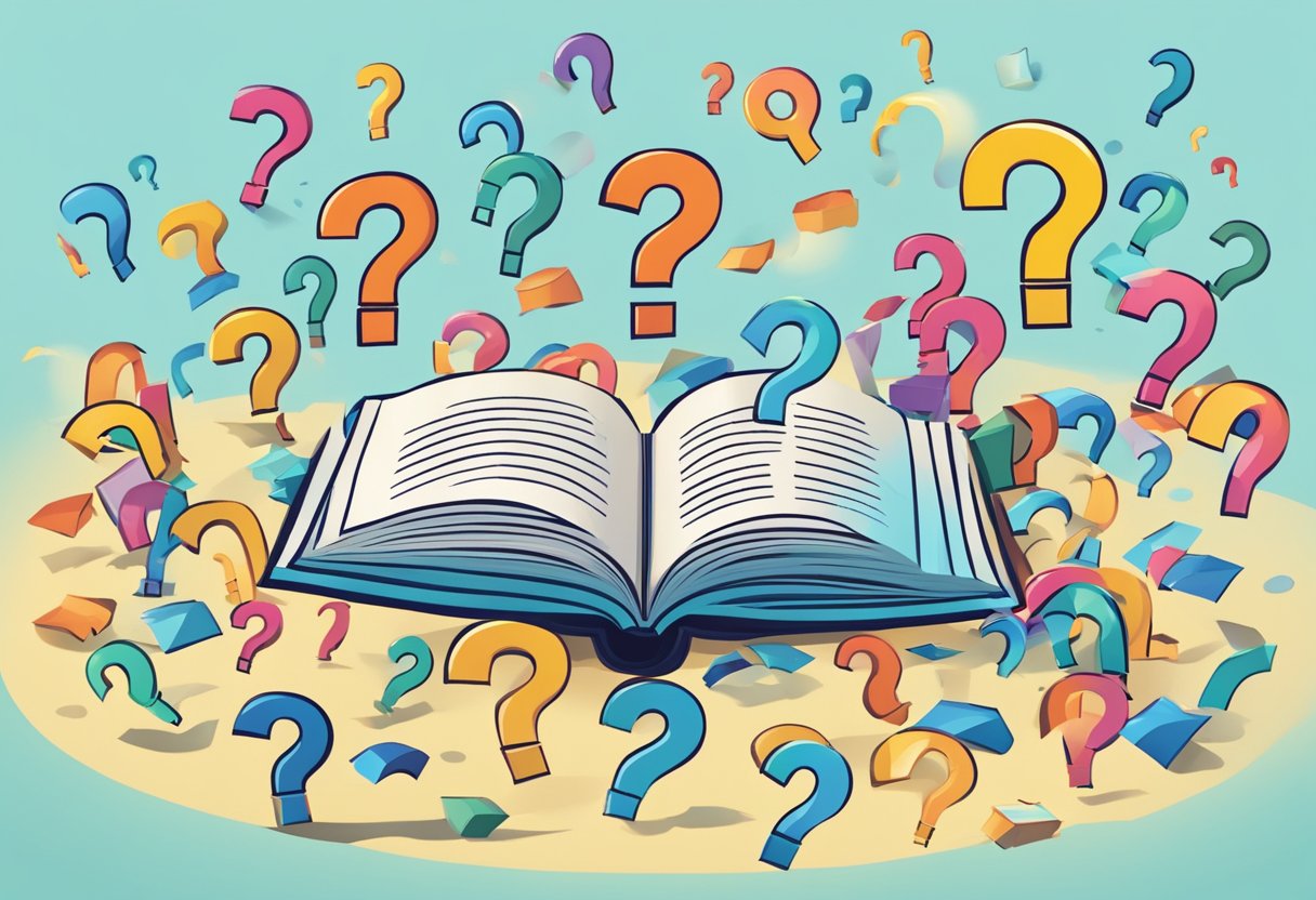An open book surrounded by curious, floating question marks