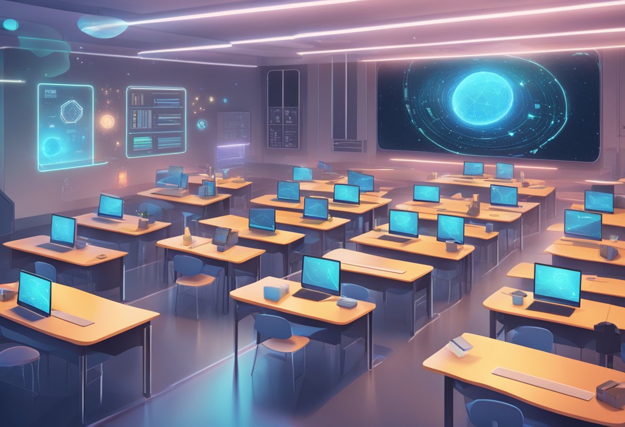 A futuristic classroom with holographic displays and interactive AI tutors