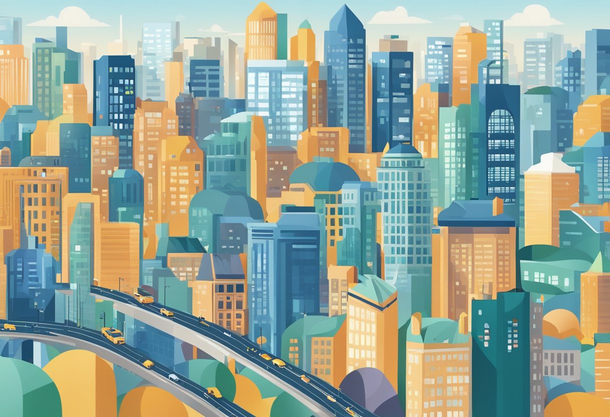 A bustling city skyline with educational institutions and technology companies interwoven, representing the economic impact of animated educational resources in the UK