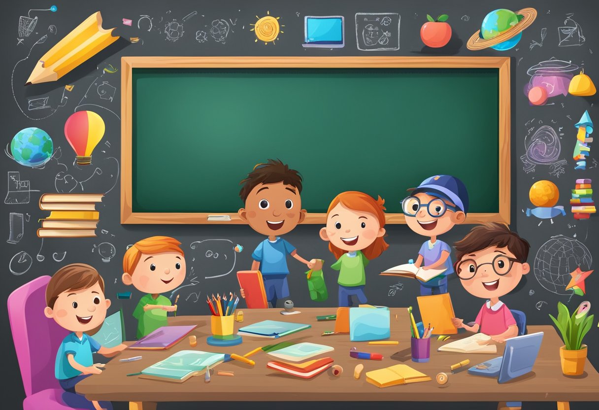 A colorful chalkboard filled with animated educational elements and characters