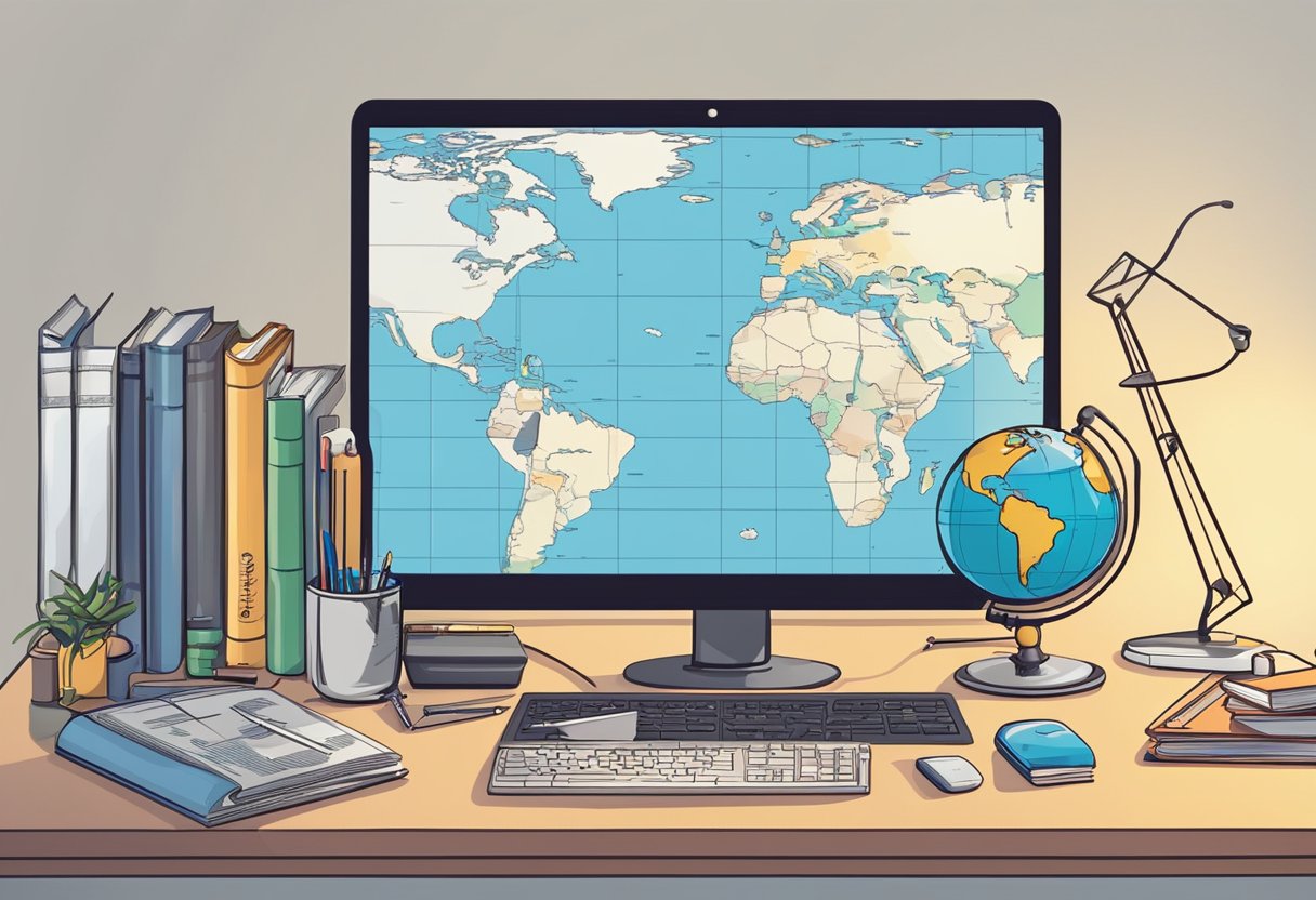 A computer with animation software open, surrounded by educational props like books, pencils, and a globe