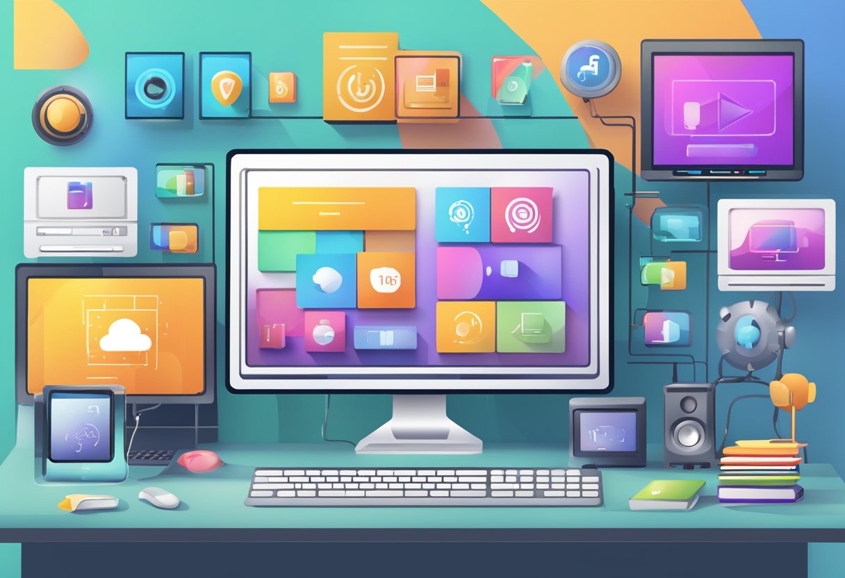 A computer screen with various audio and video options, surrounded by educational symbols and icons