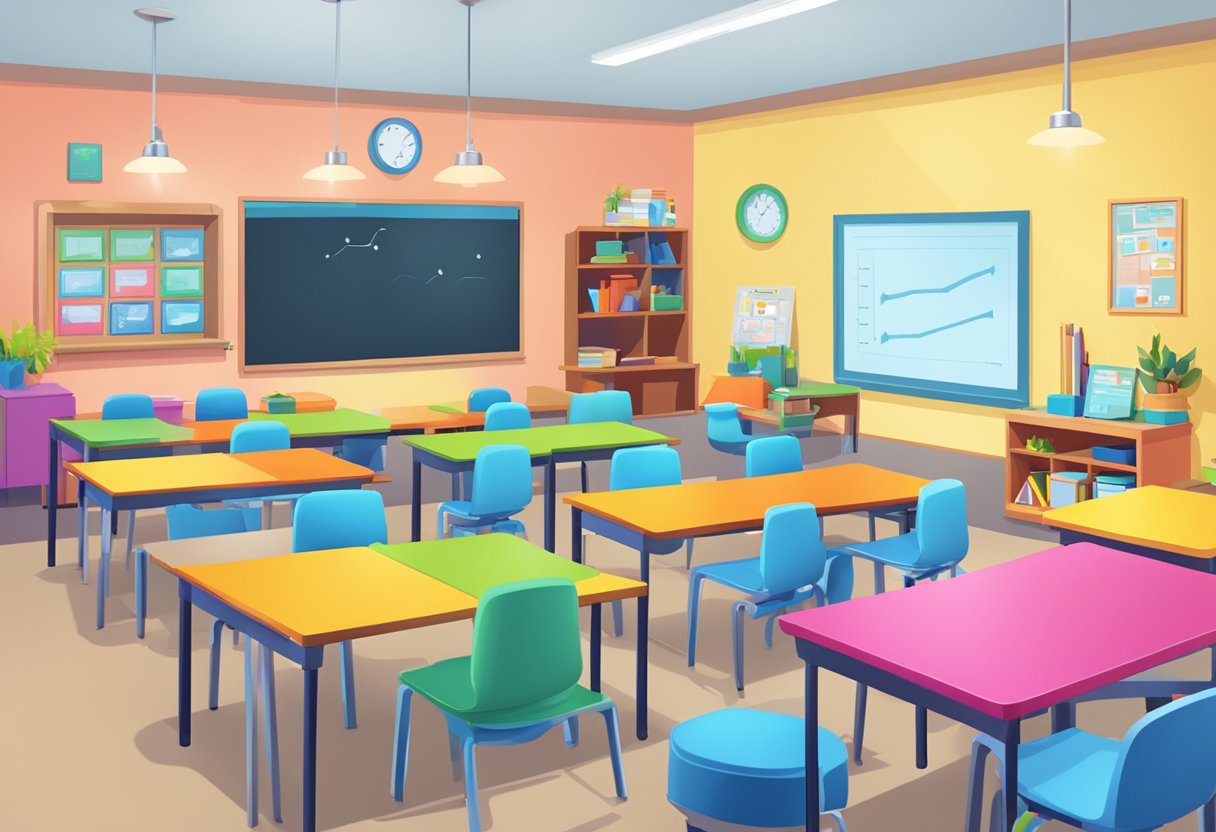 A colorful animated classroom setting with interactive digital learning tools and engaging educational scenarios
