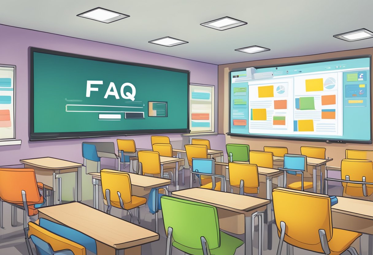 A classroom setting with a computer screen displaying an animated FAQ section for educational software