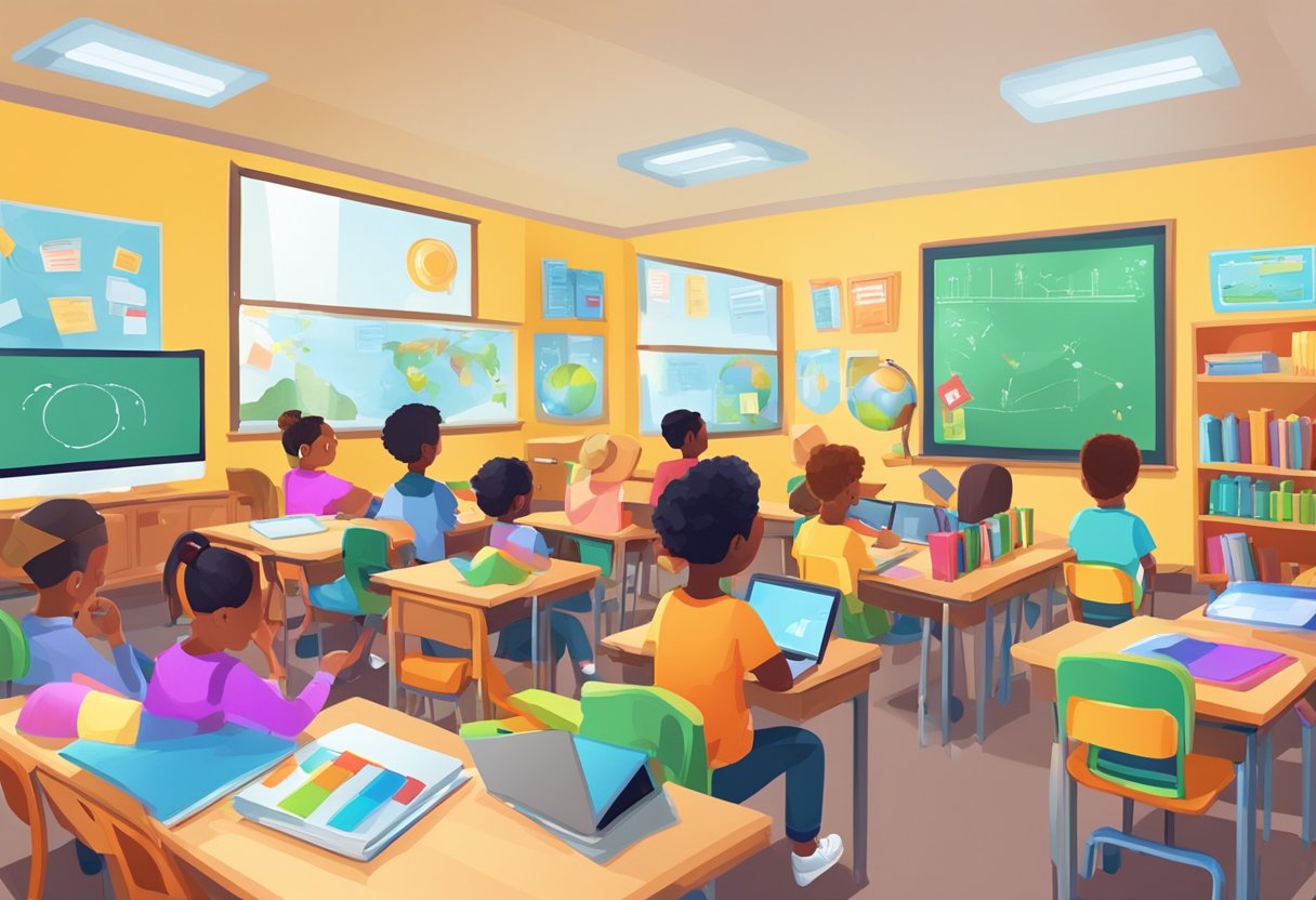 A colorful classroom with diverse educational tools and materials, including books, computers, and interactive displays, surrounded by eager students