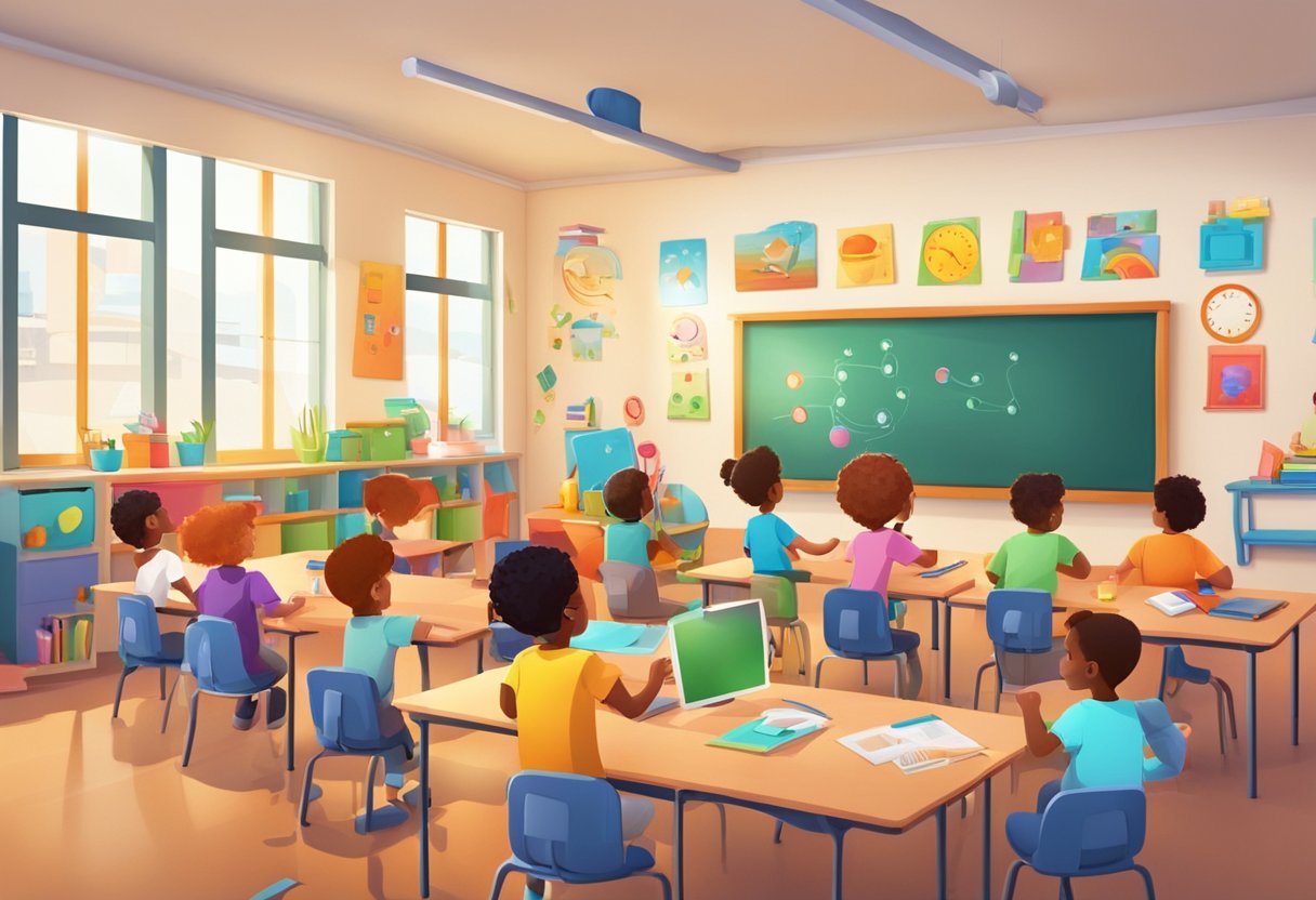 A colorful, dynamic classroom setting with animated objects and characters engaging in educational activities