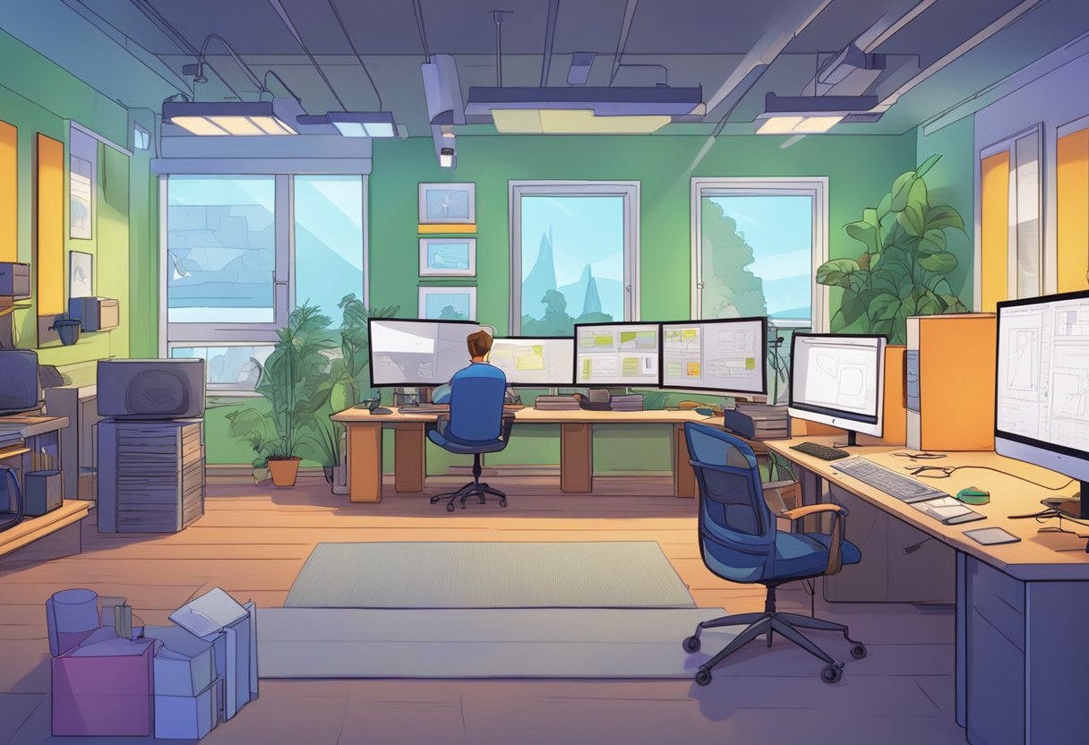 A colorful animation studio with computers, drawing tablets, and storyboards. An animator creates characters and scenes for an educational voice-over project