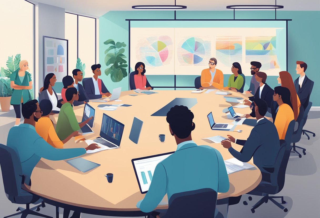 A group of diverse professionals gather around a conference table, discussing and reviewing various animation companies on a large screen