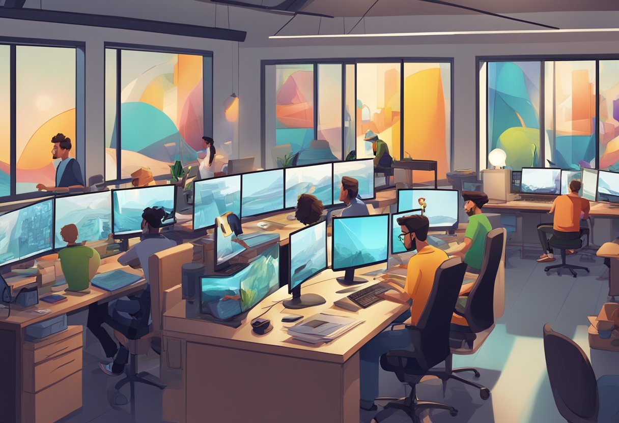 A busy animation studio with artists at work on storyboards and character designs, surrounded by colorful concept art and computer monitors