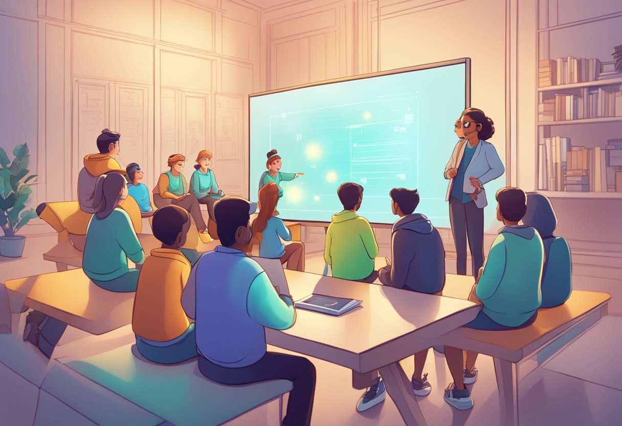 A group of animated characters gather around a glowing screen, watching and discussing educational animations