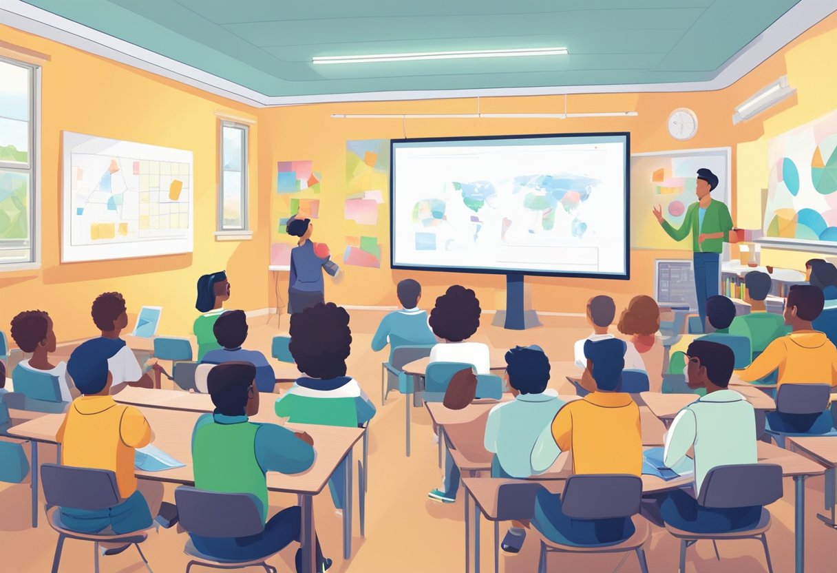 A classroom with a whiteboard and projector, students watching an educational animation on a screen, with colorful visuals and engaging content
