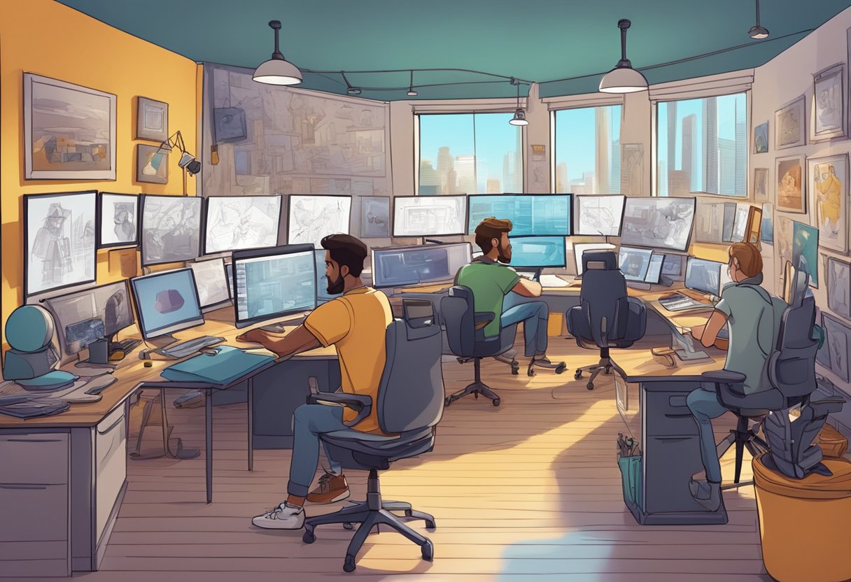 A colorful animation studio with artists creating characters and scenes, surrounded by sketches, storyboards, and computer monitors