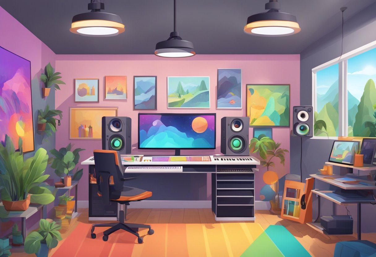 A colorful animation studio with sound and visual effects equipment and educational materials on display