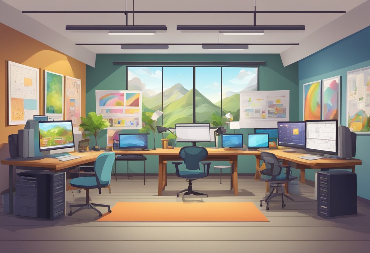 A colorful animation studio with computers and drawing tablets, surrounded by posters of educational events and positive reviews