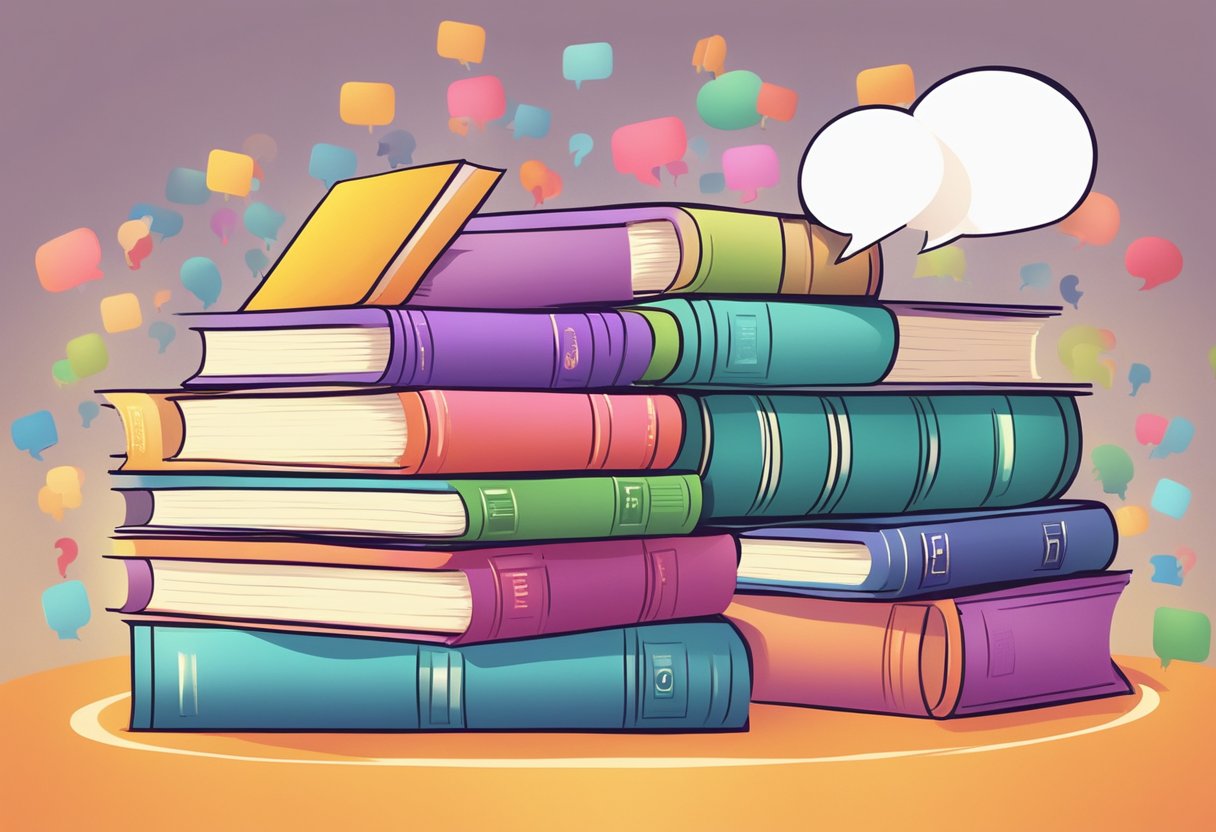 A stack of colorful books with a spotlight shining on them, surrounded by speech bubbles and question marks