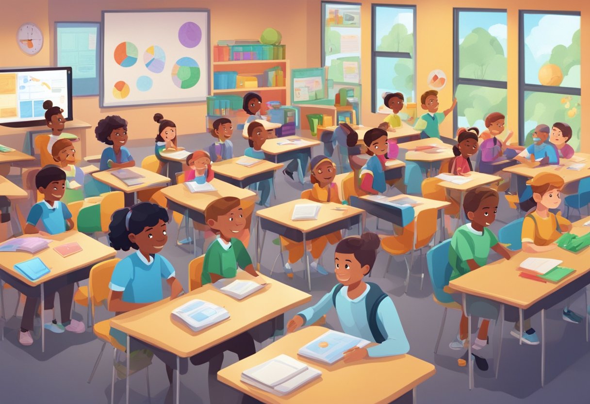 A classroom filled with animated characters engaging with enthusiastic students, with colorful visuals and interactive learning tools displayed on screens