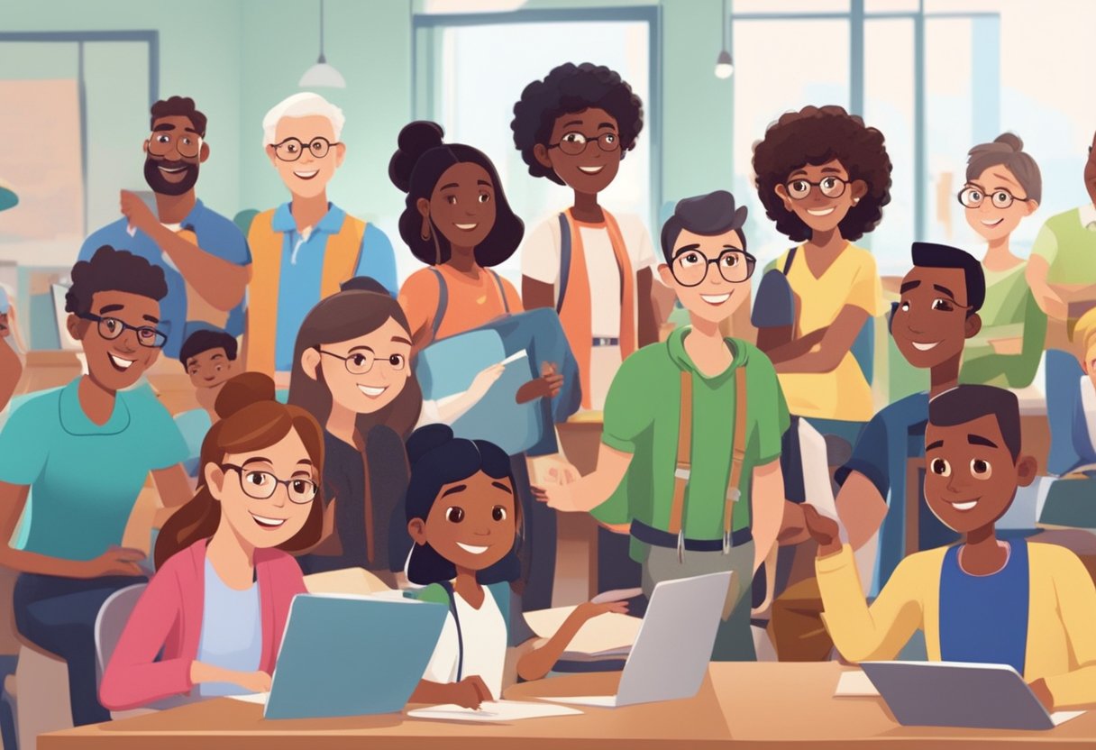 A diverse group of animated characters showcase their achievements in various educational pathways, symbolizing success in the field of animation