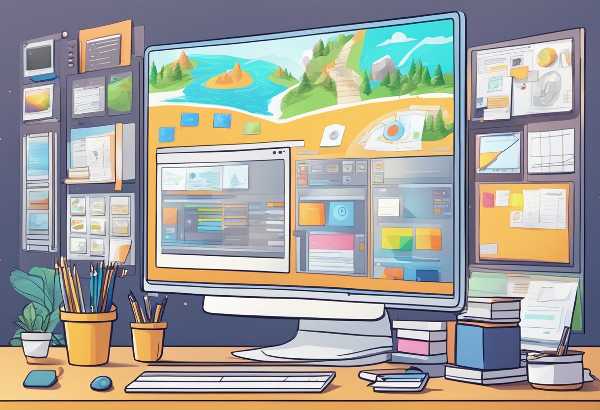 A computer screen displaying a vibrant and dynamic educational animation, surrounded by various software tools and a storyboard, showcasing the success of animation in education