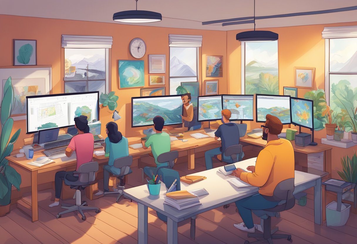 A vibrant animation studio filled with artists sketching, animating, and collaborating on educational success stories