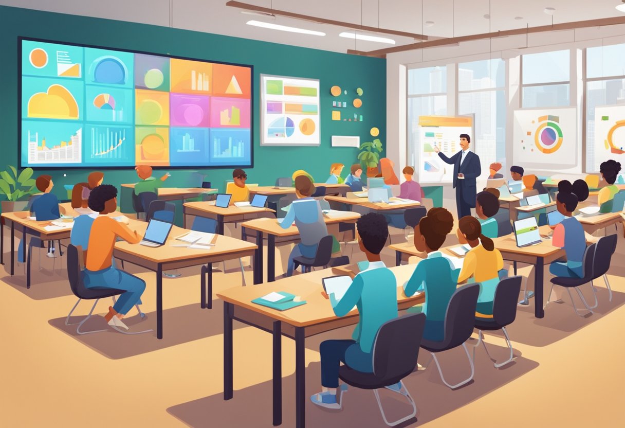 A classroom setting with animated characters learning and creating, surrounded by market-related visuals and success indicators
