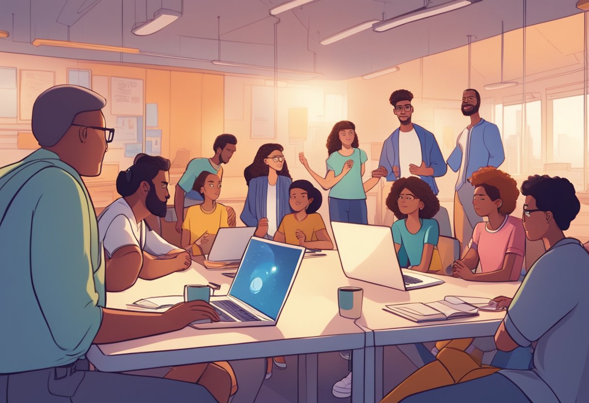 A group of animated characters gather in a virtual space, connecting and collaborating to create educational animation success stories